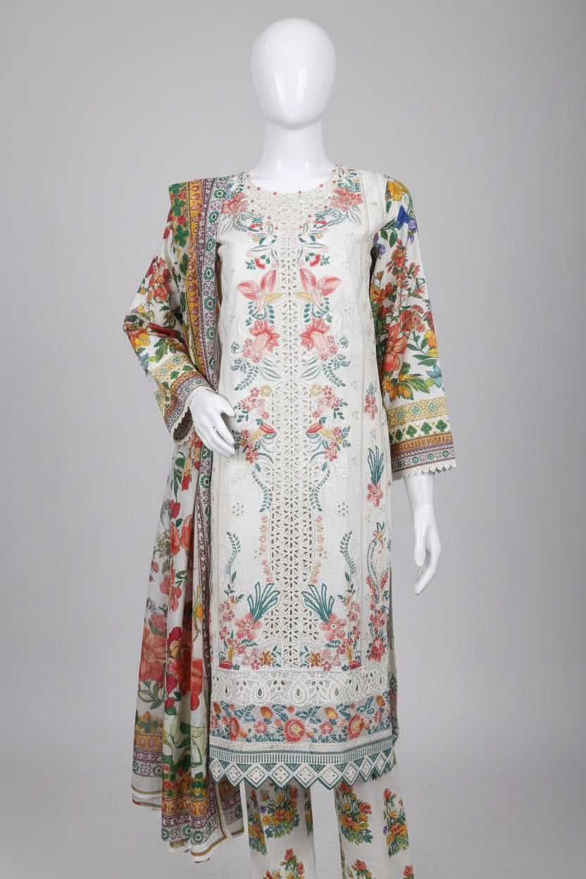 "Ivory Floral Embroidered 3-Piece Lawn Suit with Printed Dupatta" ✨🌸
