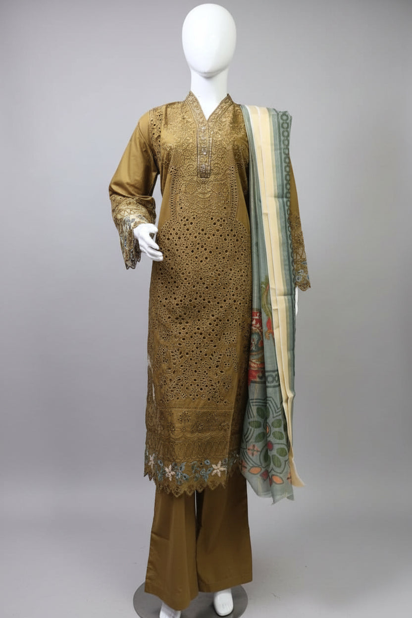 Elegant Golden Embroidered Ladies Suit