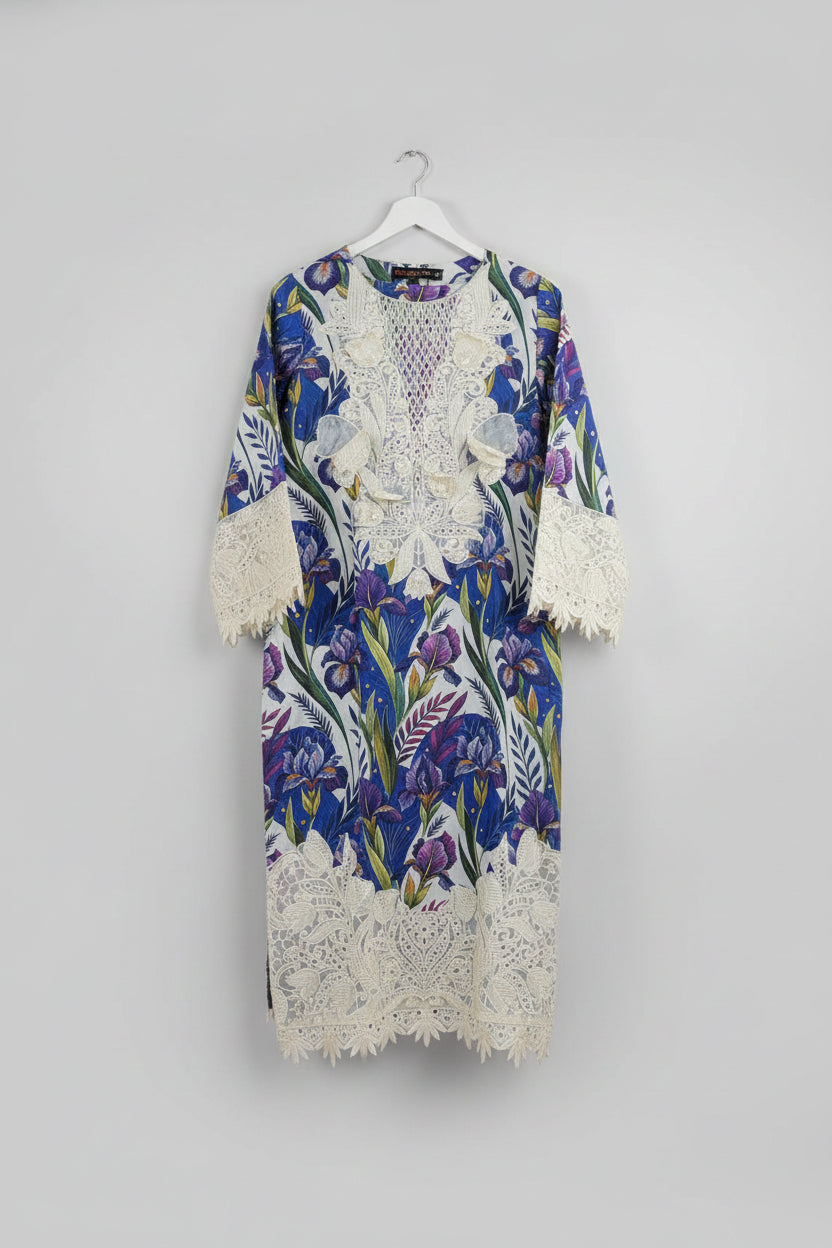 Elegant Iris Floral Embroidered Kurti – White & Blue Luxury Pret Wear