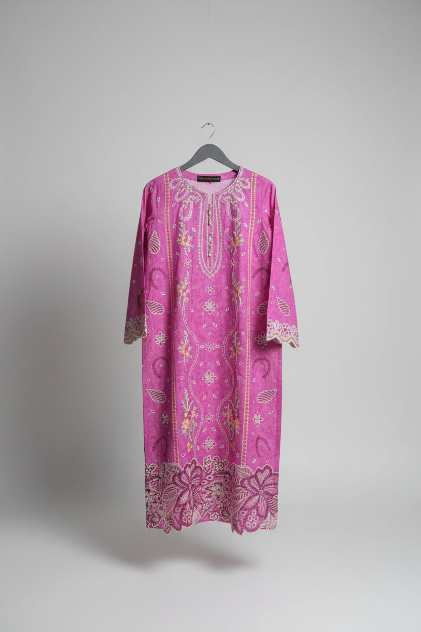 Blush Pink Embroidered Kurti – Elegant Floral & Lace Pret Wear