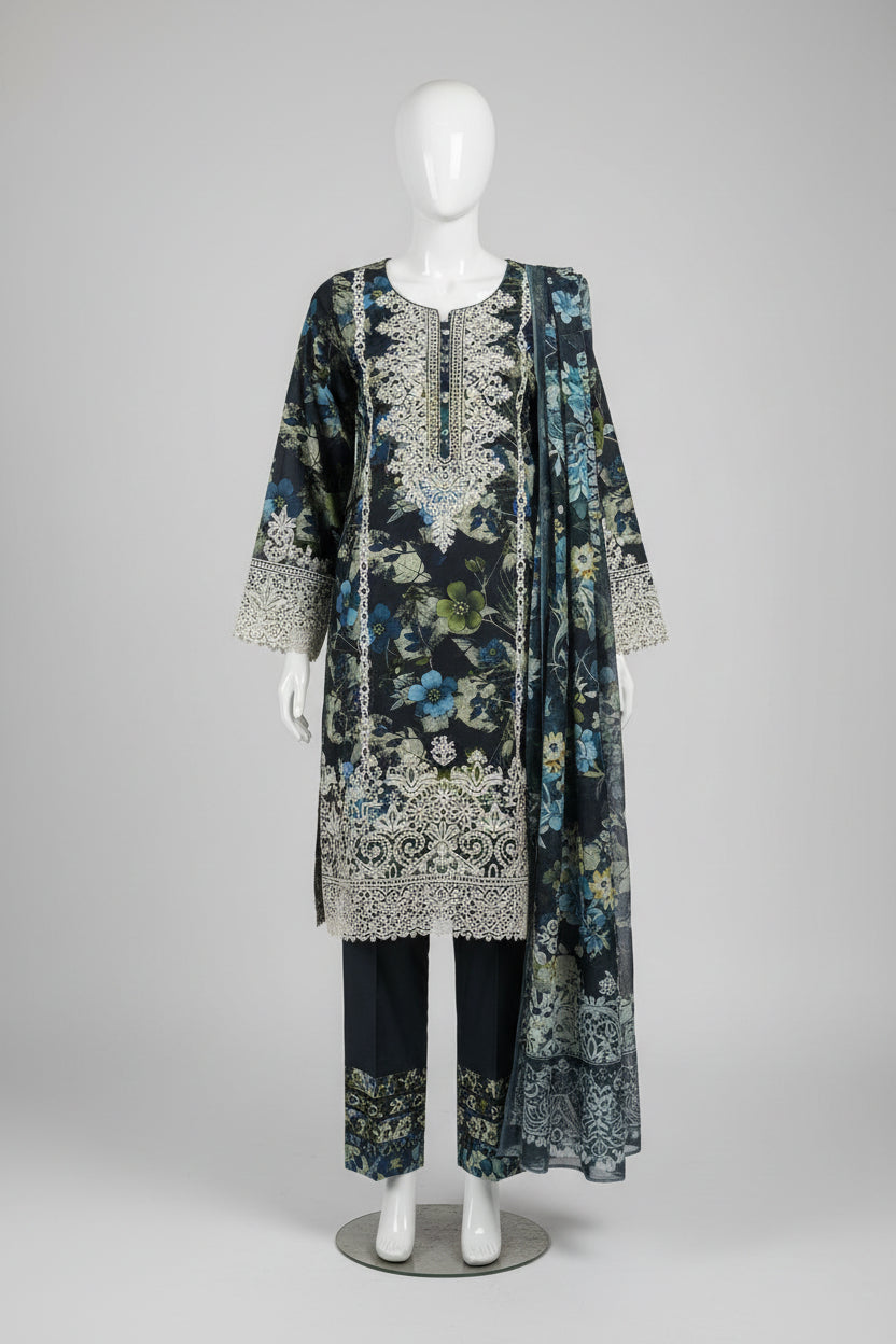 "Elegant Floral Embroidered 3-Piece Lawn Suit in Navy Blue"